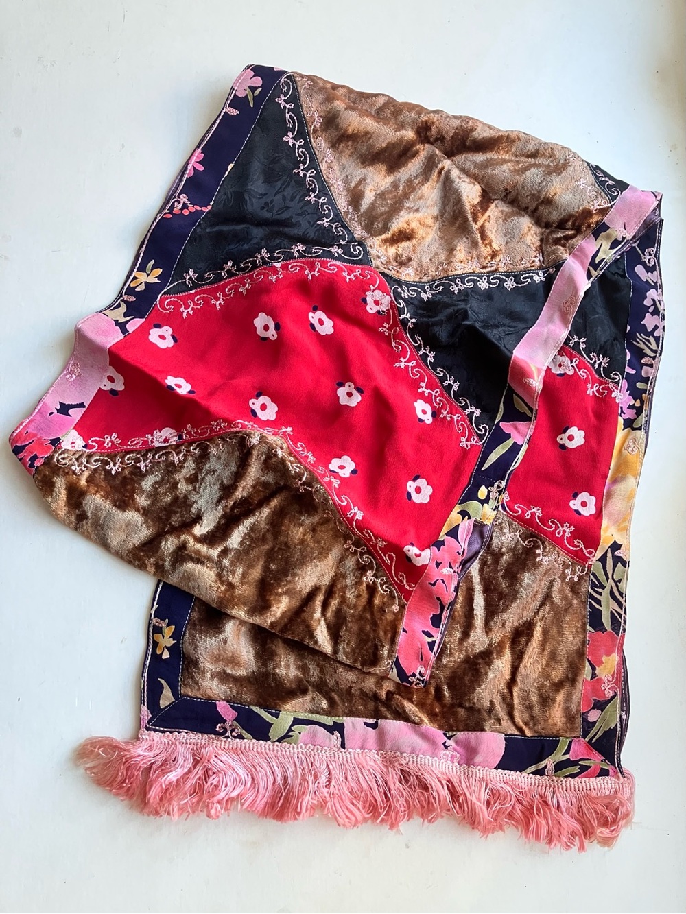 Tienda Ho Scarf Patchwork Floral Poppy Velvet Embroidered Fringe Wrap